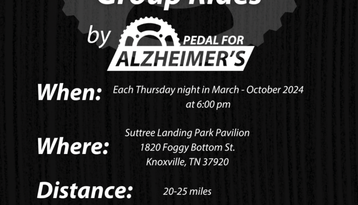Pedal for Alzheimer's hosts Thursday Night Group Rides that are open to the public! Come enjoy this group ride with fun routes, friendly atmosphere and conversations. All cyclists welcome.