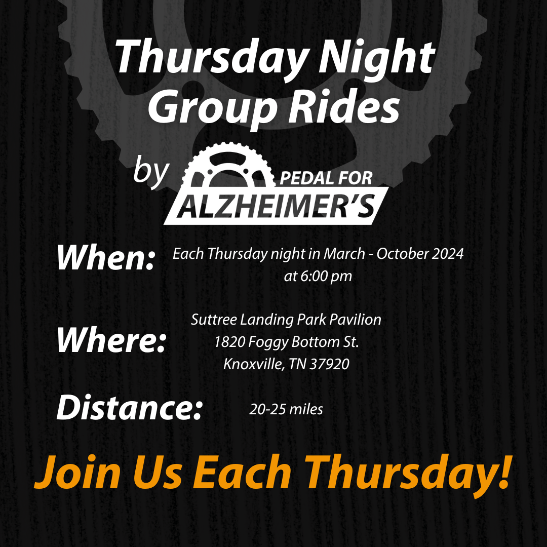 Pedal for Alzheimer's hosts Thursday Night Group Rides that are open to the public! Come enjoy this group ride with fun routes, friendly atmosphere and conversations. All cyclists welcome.